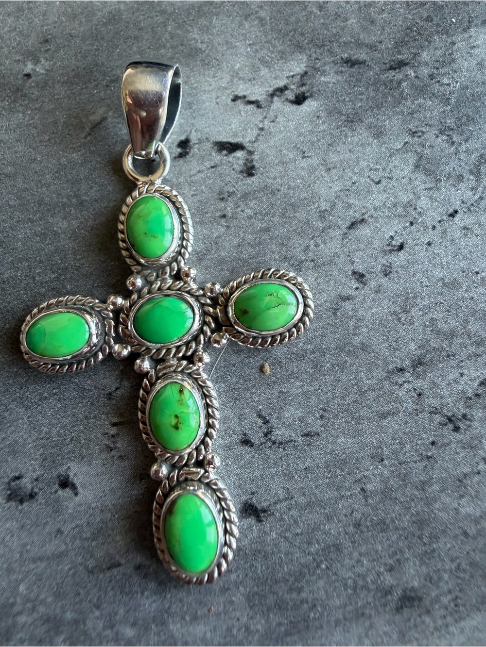 Sterling Silver Cross Pendant with Green Mojave Turquoise Stones - Picture 2 of 7